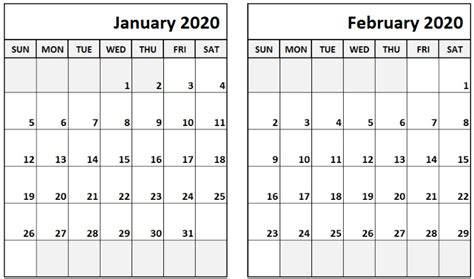 January February Calendar 2020 Printable Pdf Word Landscape Portrait