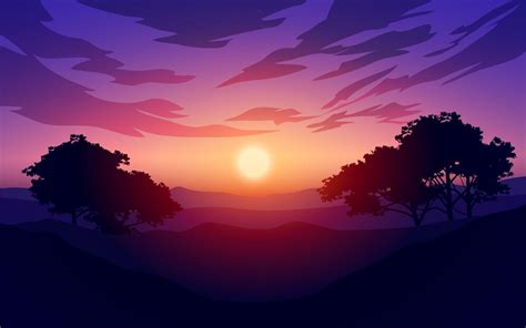 Premium Vector Sunrise Or Sunset Over Mountains With Tree Silhouettes