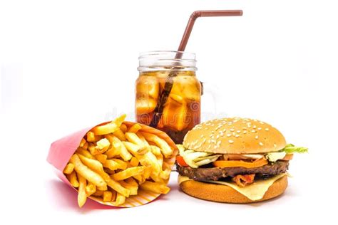 Tasty Hamburger French Fries And Cola Isolated On White Background