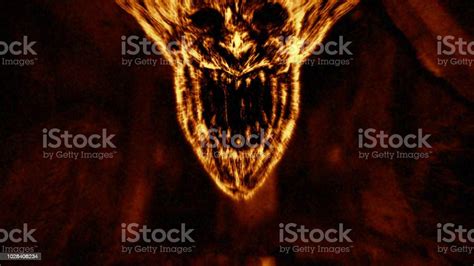 Angry Demon Face Screams In Fire Orange Color Stock Illustration