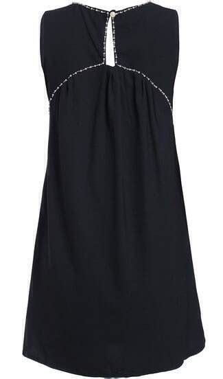 Black Sleeveless With Bead Pleated Dress Sheinsheinside
