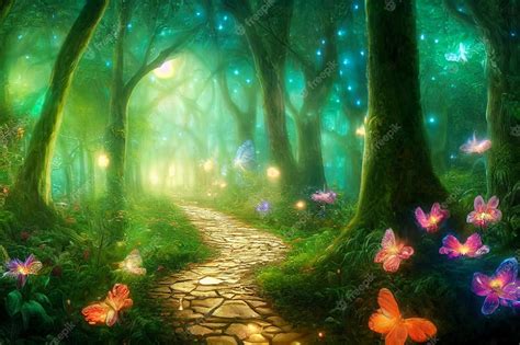 Путь к волшебному лесу сюрреалистический фантастический пейзаж 3d