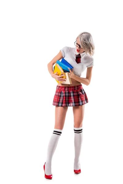 Sexy Blond Woman Schoolgirl Clothing Holding Pile Books Isolated White