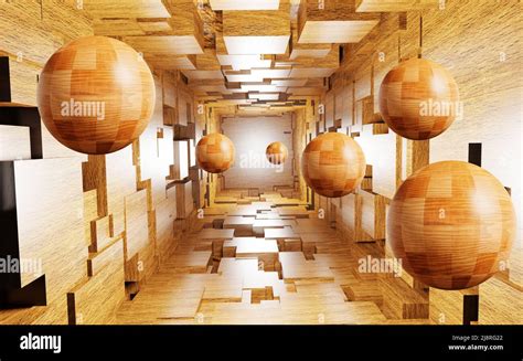 3d Abstract Wooden Sphere Wallpaper Tunnel Corridor Interior Room For