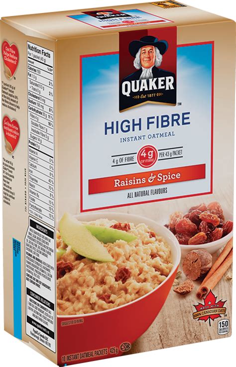 While every care has been taken to ensure product information is correct, food products are constantly being reformulated, so ingredients, nutrition content, dietary and allergens may change. Quaker® High Fibre Raisins & Spice Instant Oatmeal ...