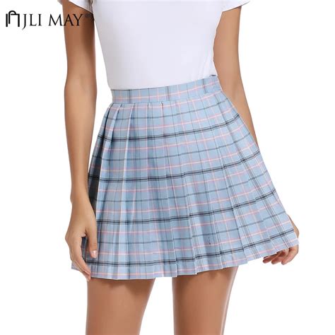 Jli May High Waist Pleated Mini Skirts Girls Harajuku Skirt Solid Plaid