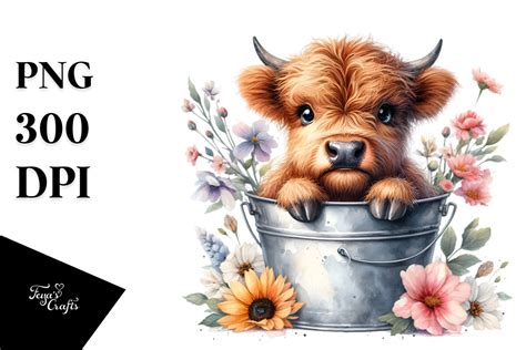 Cute Baby Highland Cow With Flowers Png Illustration Par Anastasia Feya