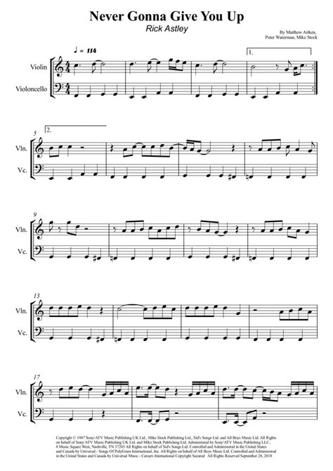 Never Gonna Give You Up By Rick Astley String Duet Digital Sheet Music Sheet Music Plus