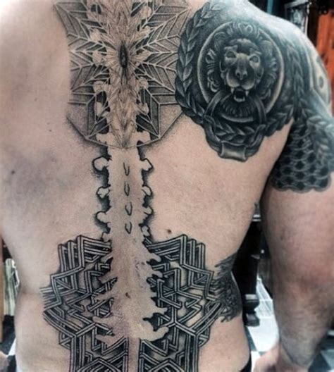 Most guys get symbols, geometric shapes, numbers, letters, or names tattooed along their spine. 75 Spine Tattoos For Men - Masculine Ink Design Ideas