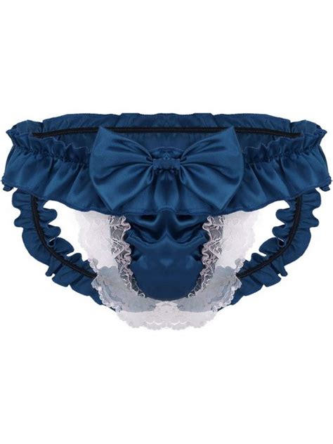 Mens Sissy Skirted Panties Satin Frilly Lace Briefs Thongs Jockstraps Underwear Dark Blue 2