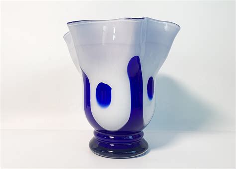 Vintage Cobalt Blue And White Art Glass Vase Retro Mid Century Ruffled Edge Trim Scalloped
