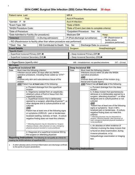 2014 Camc Surgical Site Infection Ssi Colon Worksheet 30 Days
