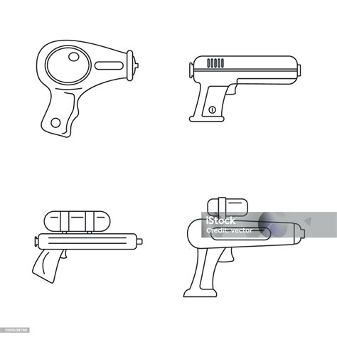 Squirt Gun Water Pistol Icons Set Outline Style Stock Illustration Download Image Now Aiming
