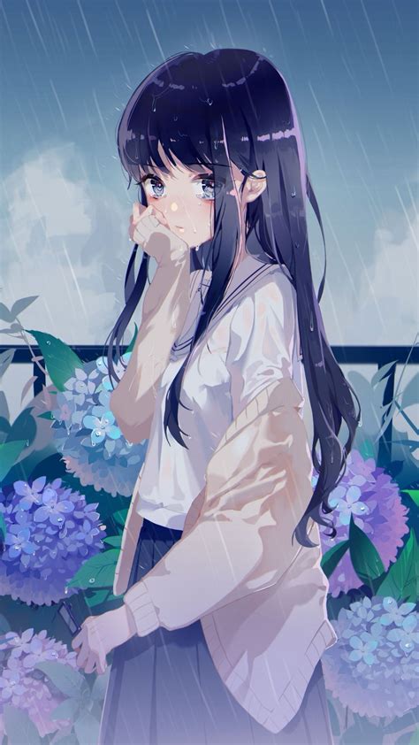 Download 1080x1920 Anime Girl Raining Flowers Black