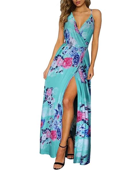 Ii Inin Womens Deep V Neck Strap Casual Floral Print Maxi Split Dress