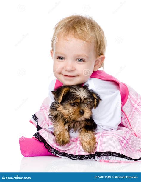 Girl And Puppy Looking At Camera Isolated On White Background Stock