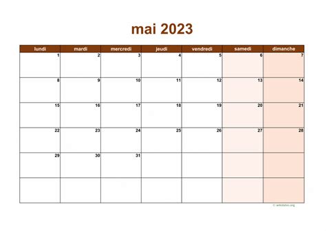 Calendrier Mai 2023