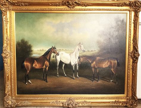 Fine Antique Art Large Oil Painting On Canvas Of Horses In A
