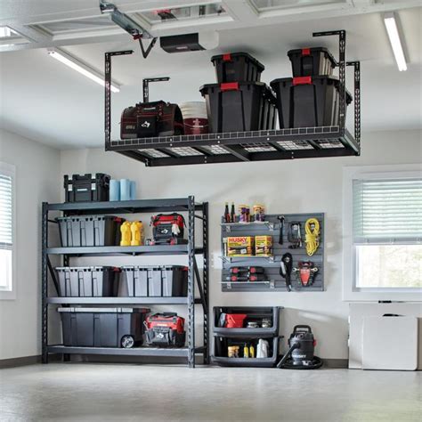 Husky Adjustable Height Overhead Ceiling Mount Garage Rack In Black 42