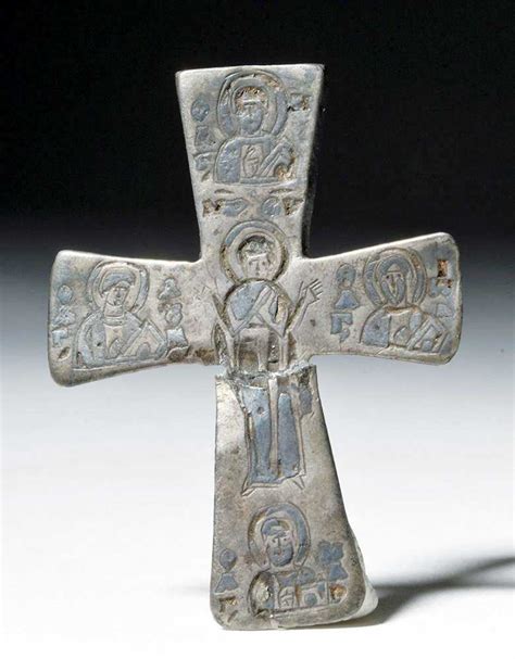 Byzantine Silver Cross With Engraved Saints