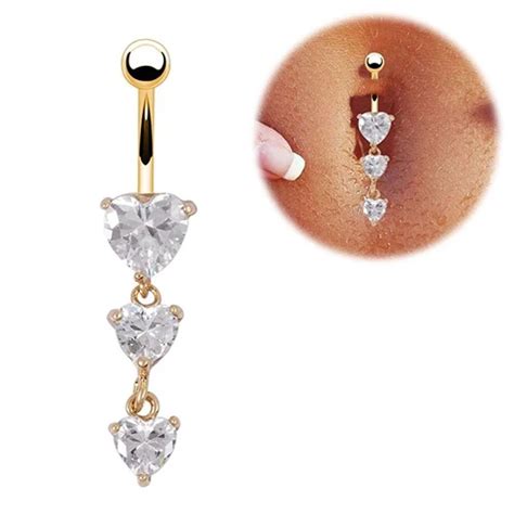 Excellent Body Piercing Fashion Gold Navel Rings 3 Heart Crystal Clear Dangle Belly Button Rings