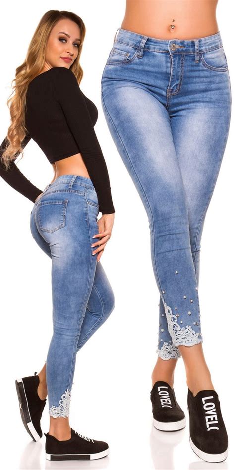 sexy hoge taille skinny jeans met kant strass steentjes jeansblauw skinny jeans
