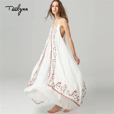Teelynn Maxi White Boho Dress Vintage Floral Embroidered Sleeveless