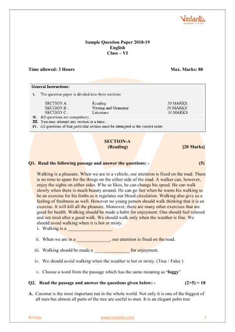 Cbse Sample Paper For Class 6 English With Solutions Mock Paper 1