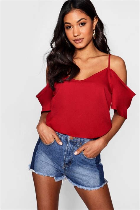 Red Woven Strappy Open Shoulder Top Open Shoulder Tops Dressy Tops