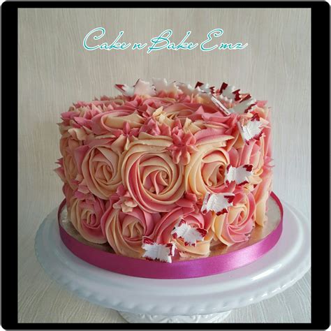 Two Tone Buttercream Rose Swirl Cake With Shimmering Butterflies Rose