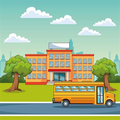 School Building And School Bus Outdoors Stock Vector Illustration Of