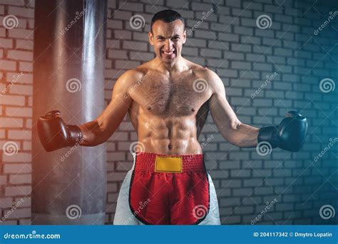 Angry Muscular Sport Boxer Man With Naked Torso Abs In Gym Stock Photo Image Of Fight Fist