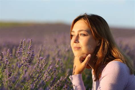 Relaxed Woman Contemplating A Lavender Field At Sunset Stock Image Image Of Floral Female