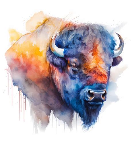 Watercolor Colorful Bison Face Painting Realistic Wild Animal