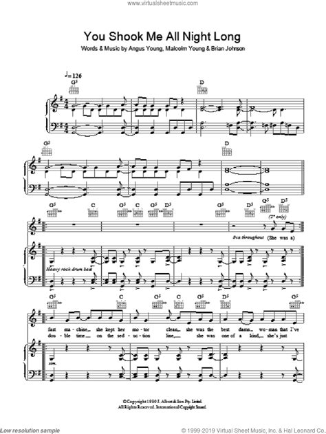 You Shook Me All Night Long Sheet Music For Voice Piano Or Guitar V2