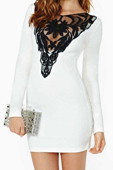 White V Neck Contrast Lace Hollow Bodycon Dress White Lace Long