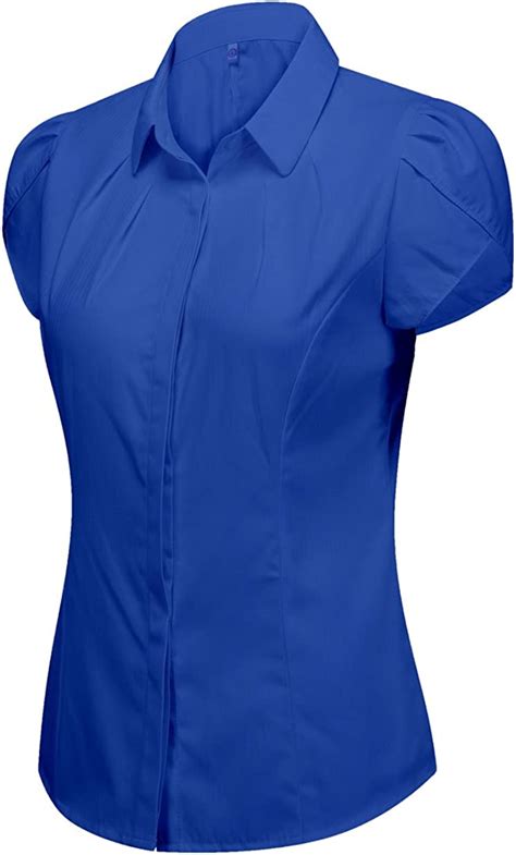 Womens Cotton Collared Button Down Work Shirt Short Sleeve Blouse