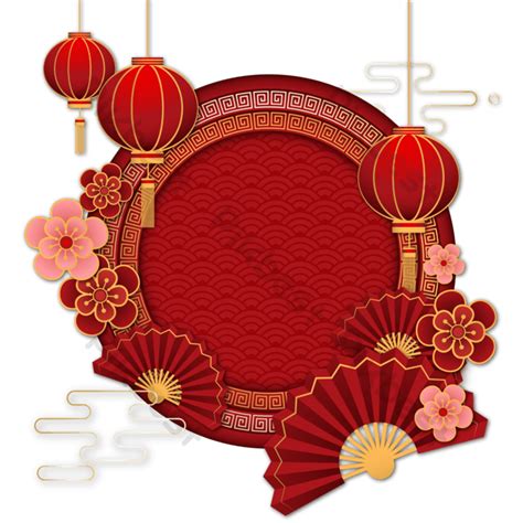 Chinese New Year Background With Paper Lanterns Fan And Flowers Png