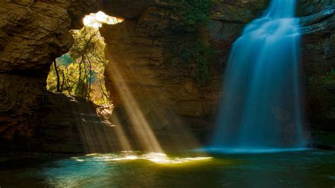 Wallpaper Cave Waterfalls Sun Rays Trees Water