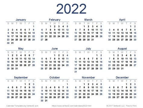 Vertex42 2022 2022 Calendar Template Large Boxes Free Printable