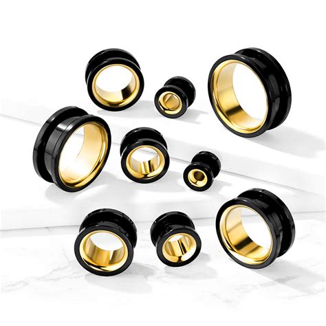 Pair Black With Gold Interior Screw Fit Tunnels Ear Plugs Earlet Gauge