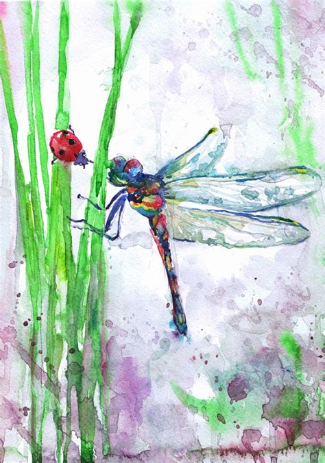 Dragonfly Art Insect Print Abstract Watercolor Flowers Etsy