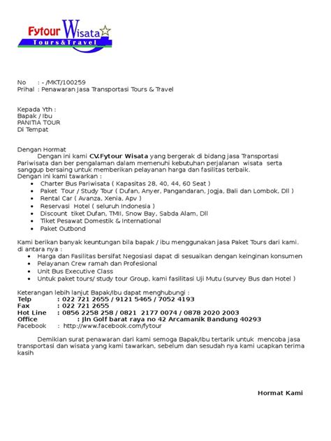 5 contoh surat penawaran pengadaan barang. Contoh Surat Penawaran Jasa Transportasi Tours dan Travel.doc