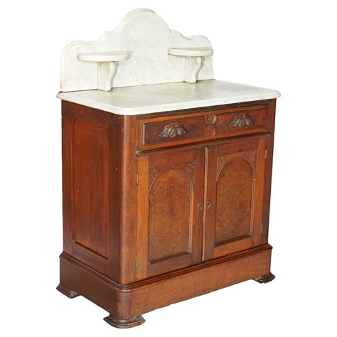 Victorian Eastlake Burl Walnut Marble Top Wash Stand Dresser Chest With