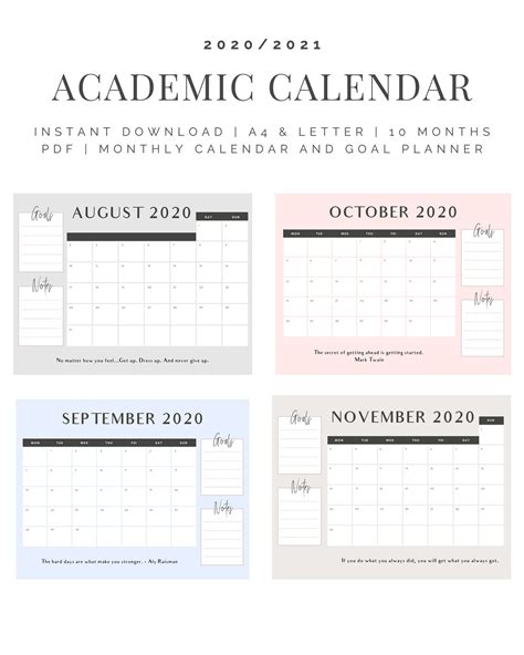 Printable Academic Calendar 20202021 Student Planner Etsy