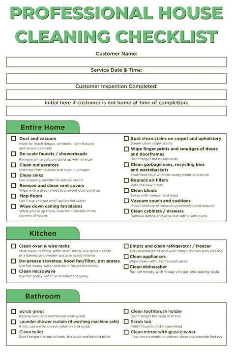 Residential Cleaning Professional House Cleaning Checklist Printable