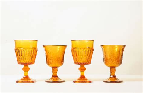 Vintage Amber Glass Water Goblets Vintage Stemware Pressed