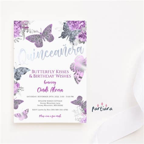 quinceañera purple lilac floral butterflies tiara invitation zazzle invitations quinceanera