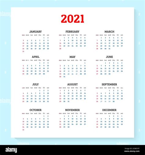 2021 Calendario Anual Ilustración Vectorial Imagen Vector De Stock Alamy