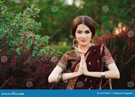 Portrait Of Beautiful Indian Girl Young Hindu Woman Model With Tatoo